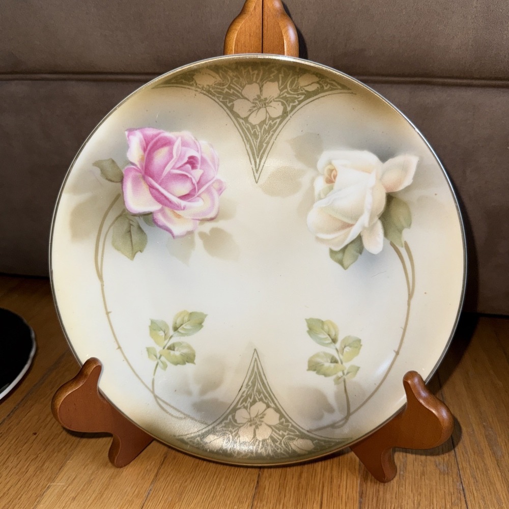 RS Germany Antique Porcelain Plate Pink White Roses Art Nouveau Floral 8.5 Inch